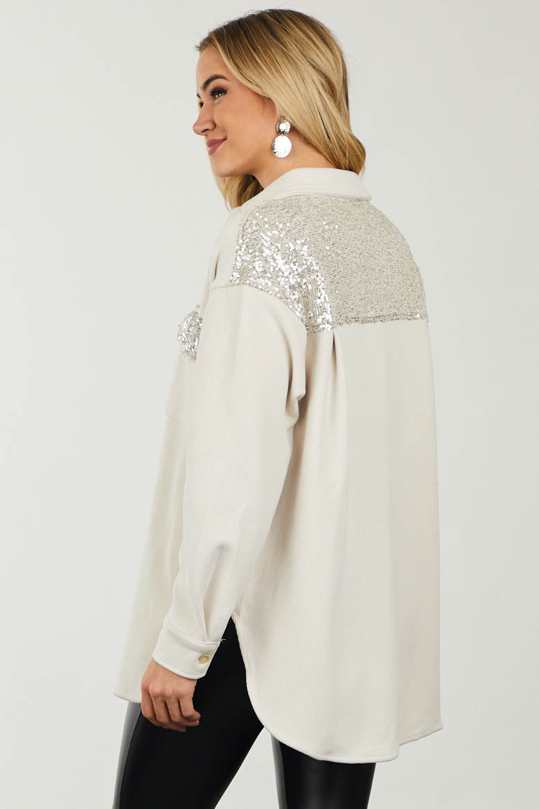 Cream Soft Corduroy Shacket with Sequin Detail