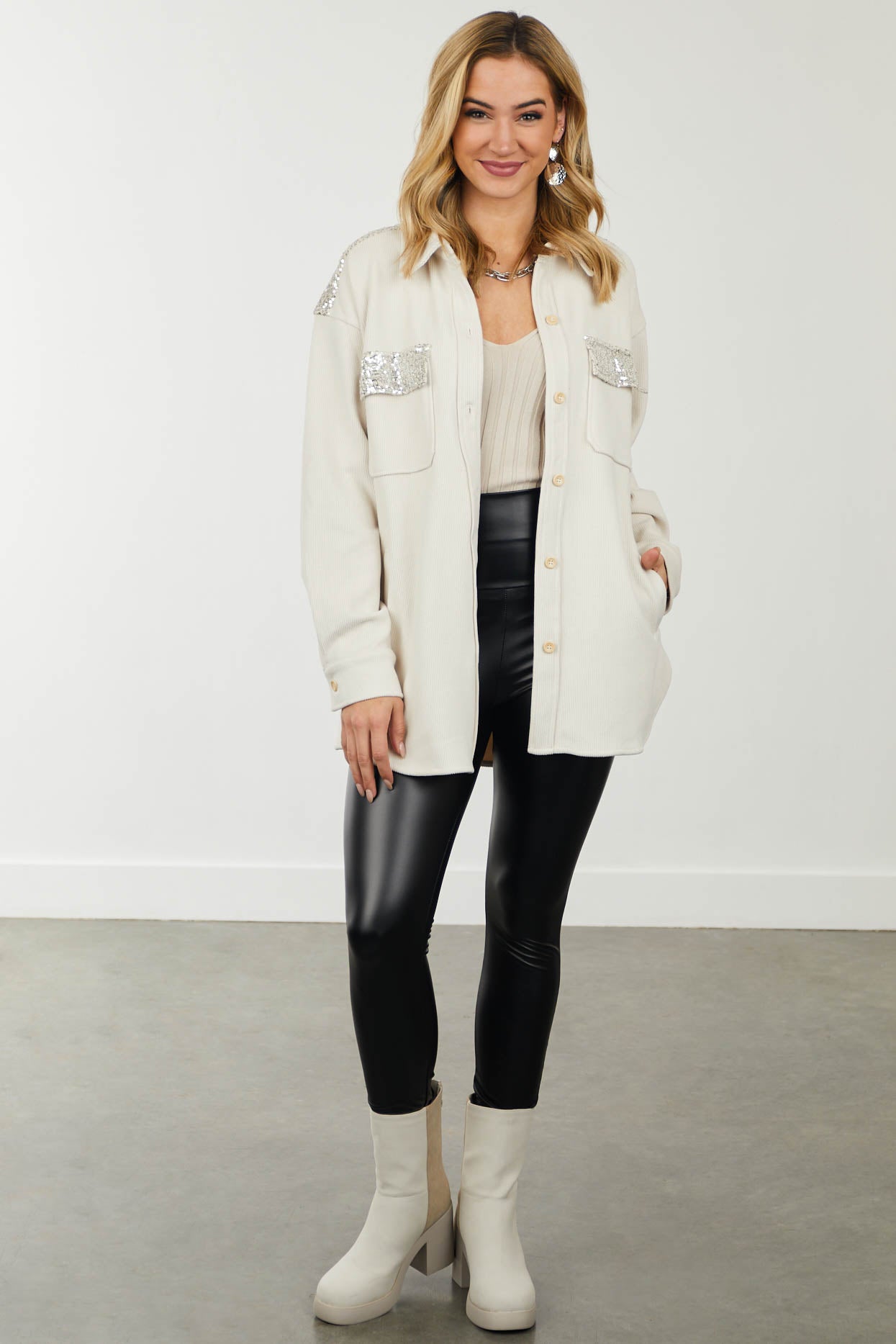 Cream Soft Corduroy Shacket with Sequin Detail