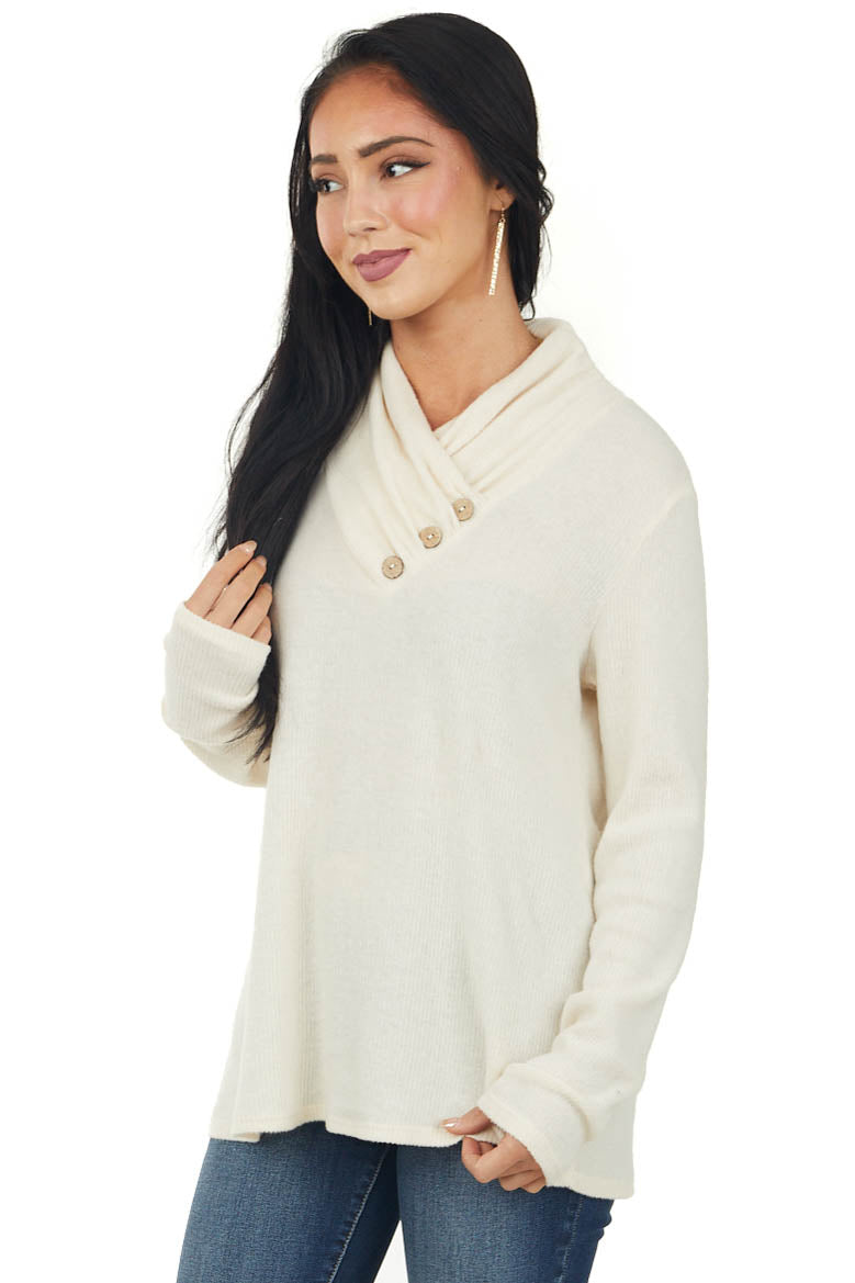 Cream Surplice Cowl Neck Ribbed Knit Top