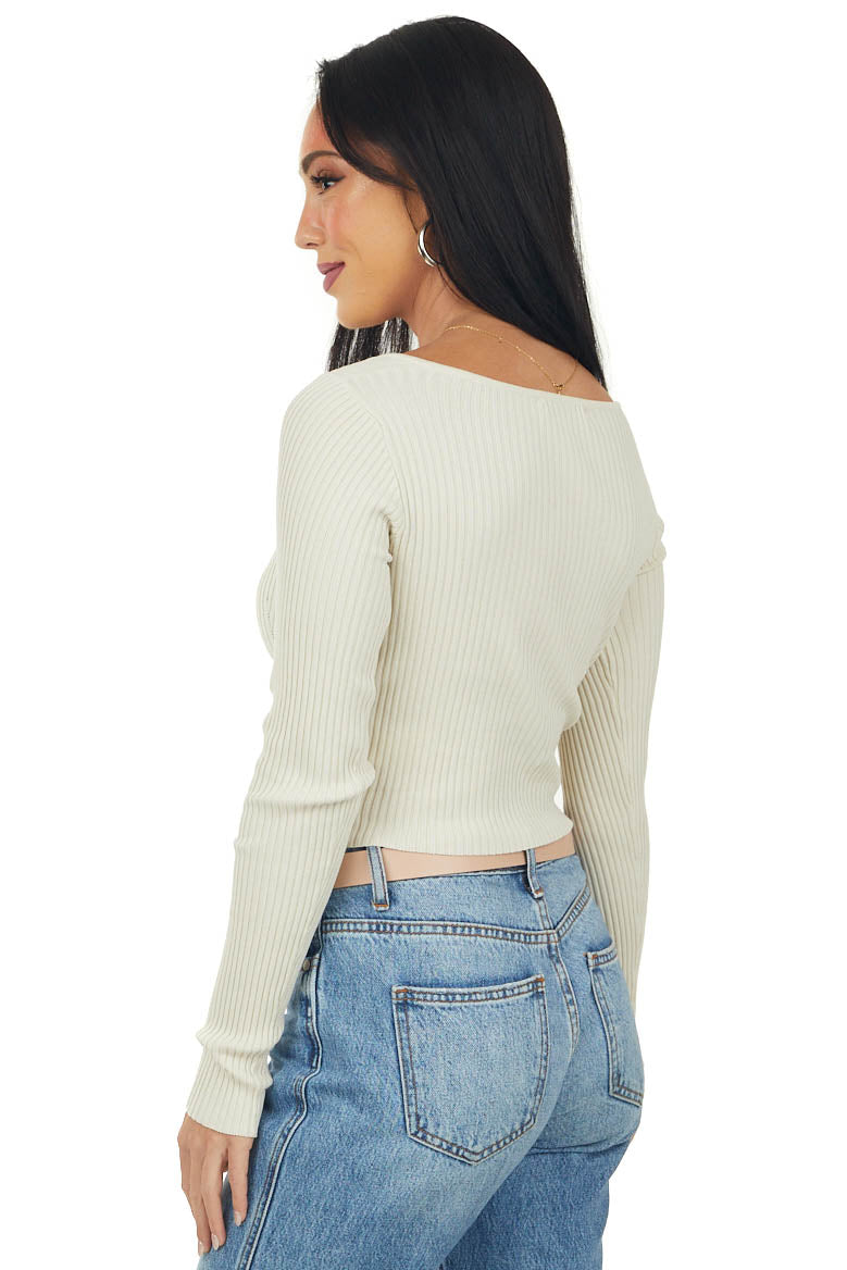 Cream Sweetheart Neck Cropped Ribbed Knit Top