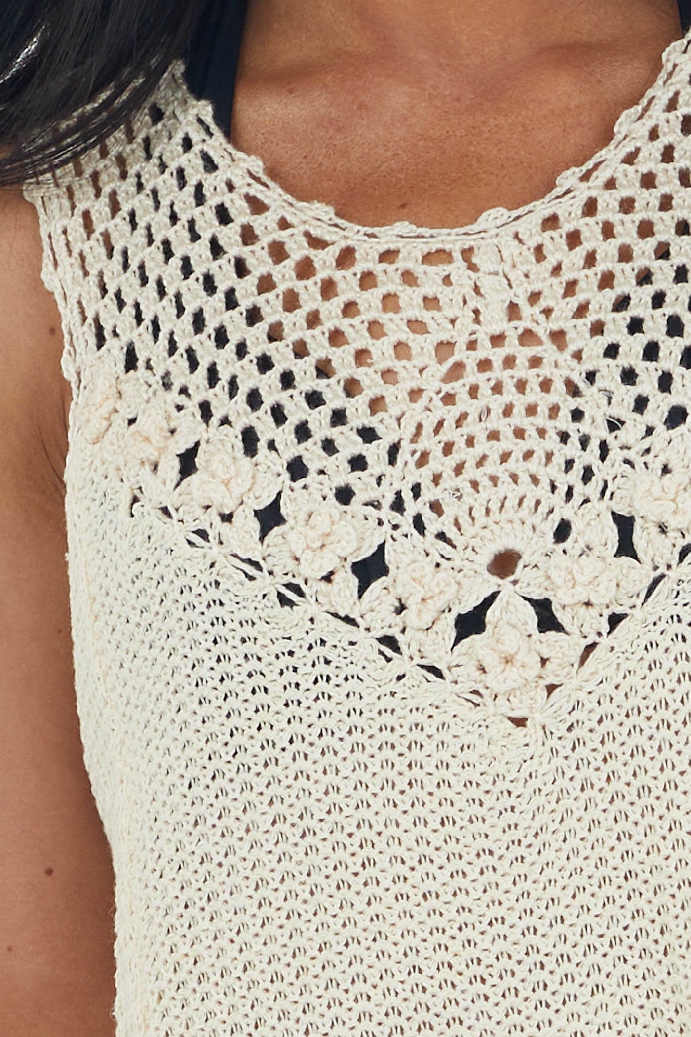 Cream Tassel Hemline Crochet Knit Short Dress