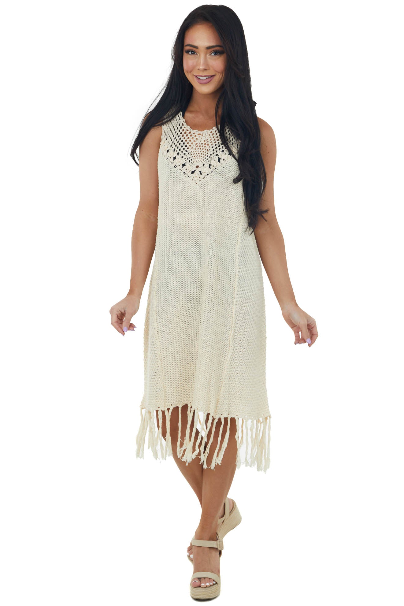 Cream Tassel Hemline Crochet Knit Short Dress