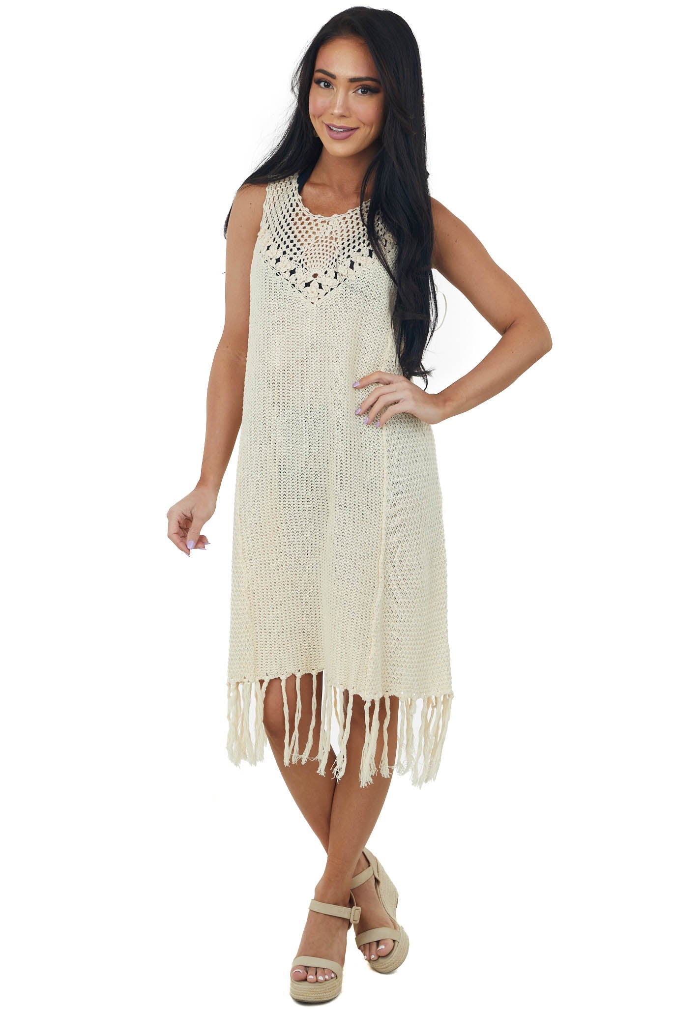 Cream Tassel Hemline Crochet Knit Short Dress