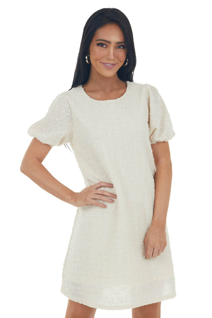 Cream Textured Metallic Threaded Shift Dress