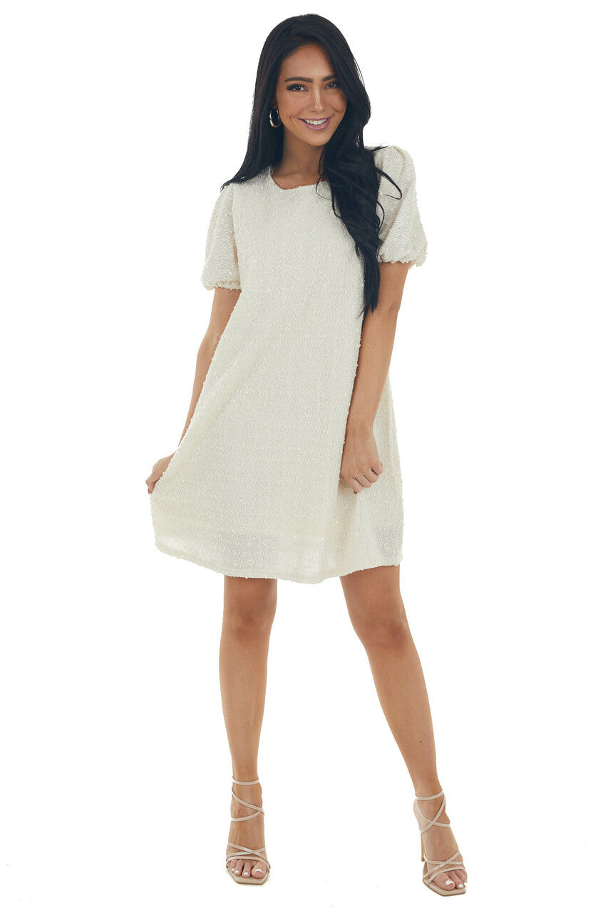 Cream Textured Metallic Threaded Shift Dress