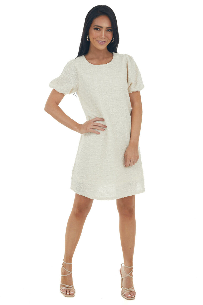 Cream Textured Metallic Threaded Shift Dress