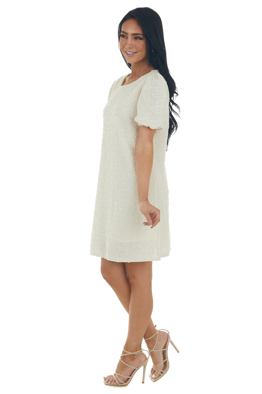 Cream Textured Metallic Threaded Shift Dress