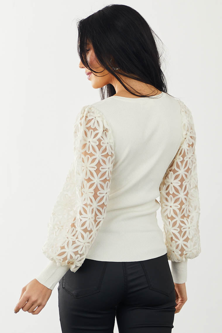 Cream Textured Sleeve V Neck Ribbed Knit Top