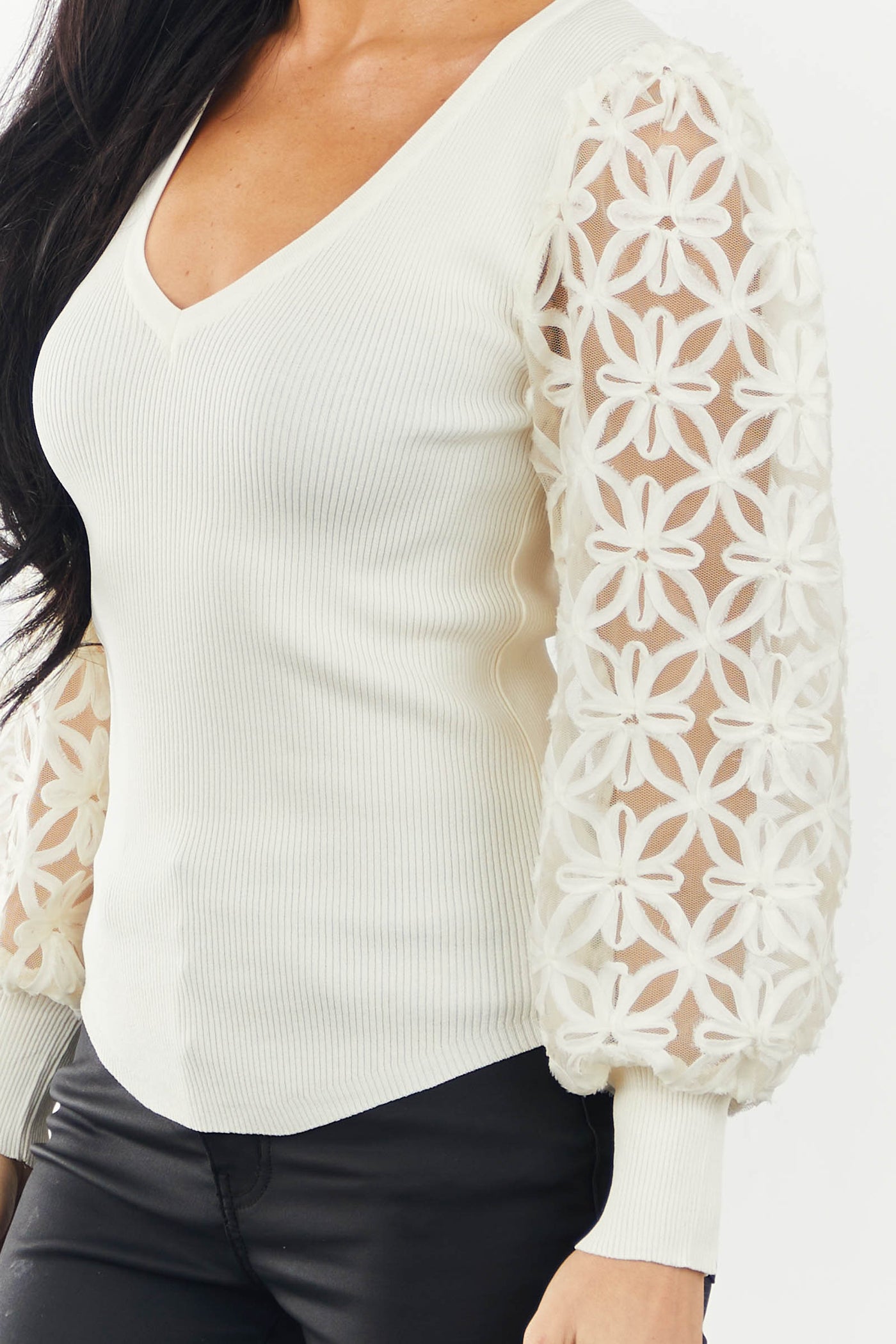 Cream Textured Sleeve V Neck Ribbed Knit Top