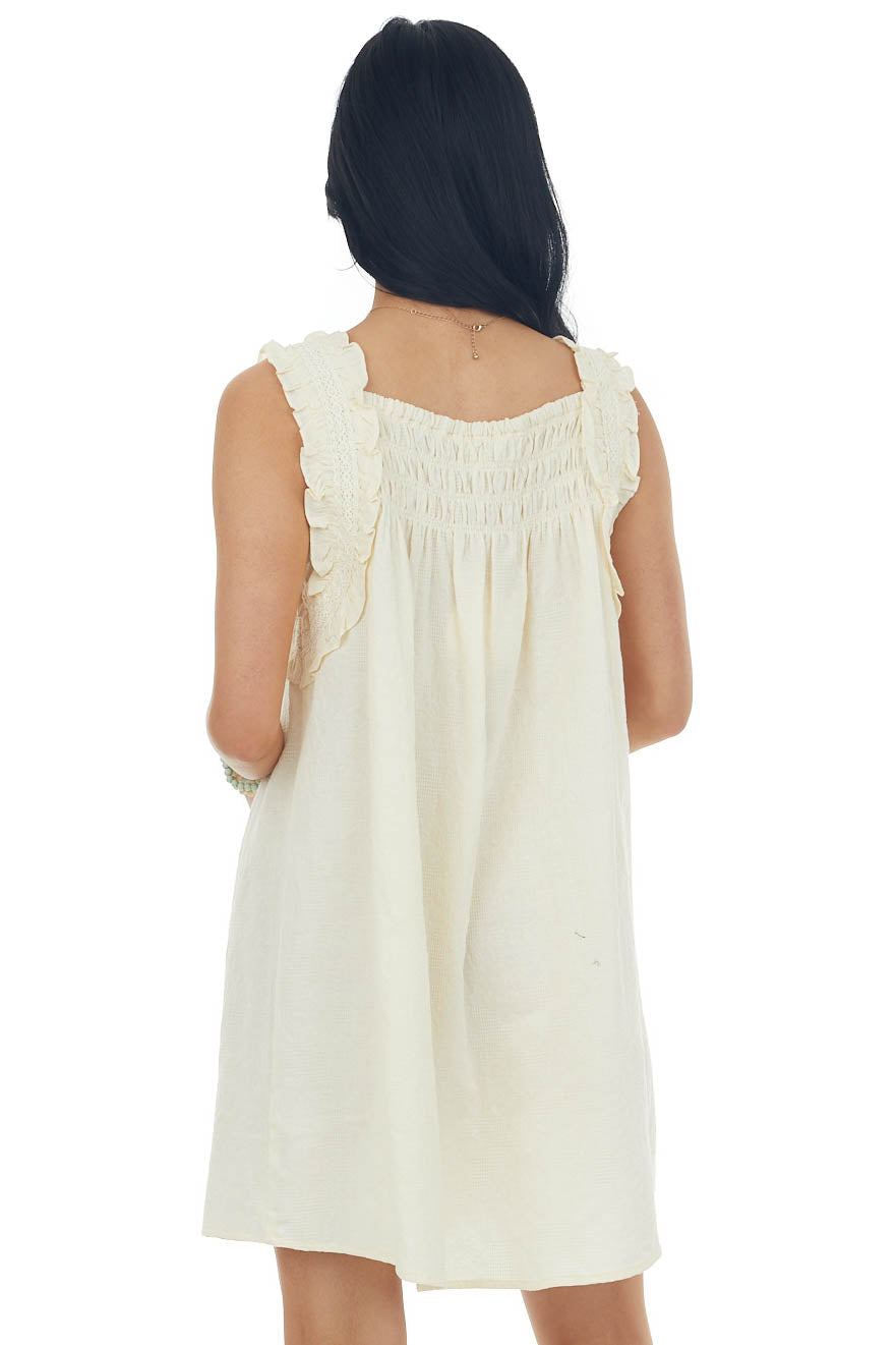 Cream Textured Smocked Yoke Sleeveless Dress