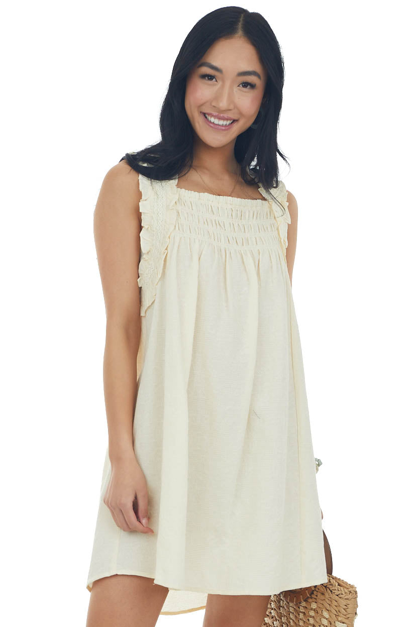 Cream Textured Smocked Yoke Sleeveless Dress