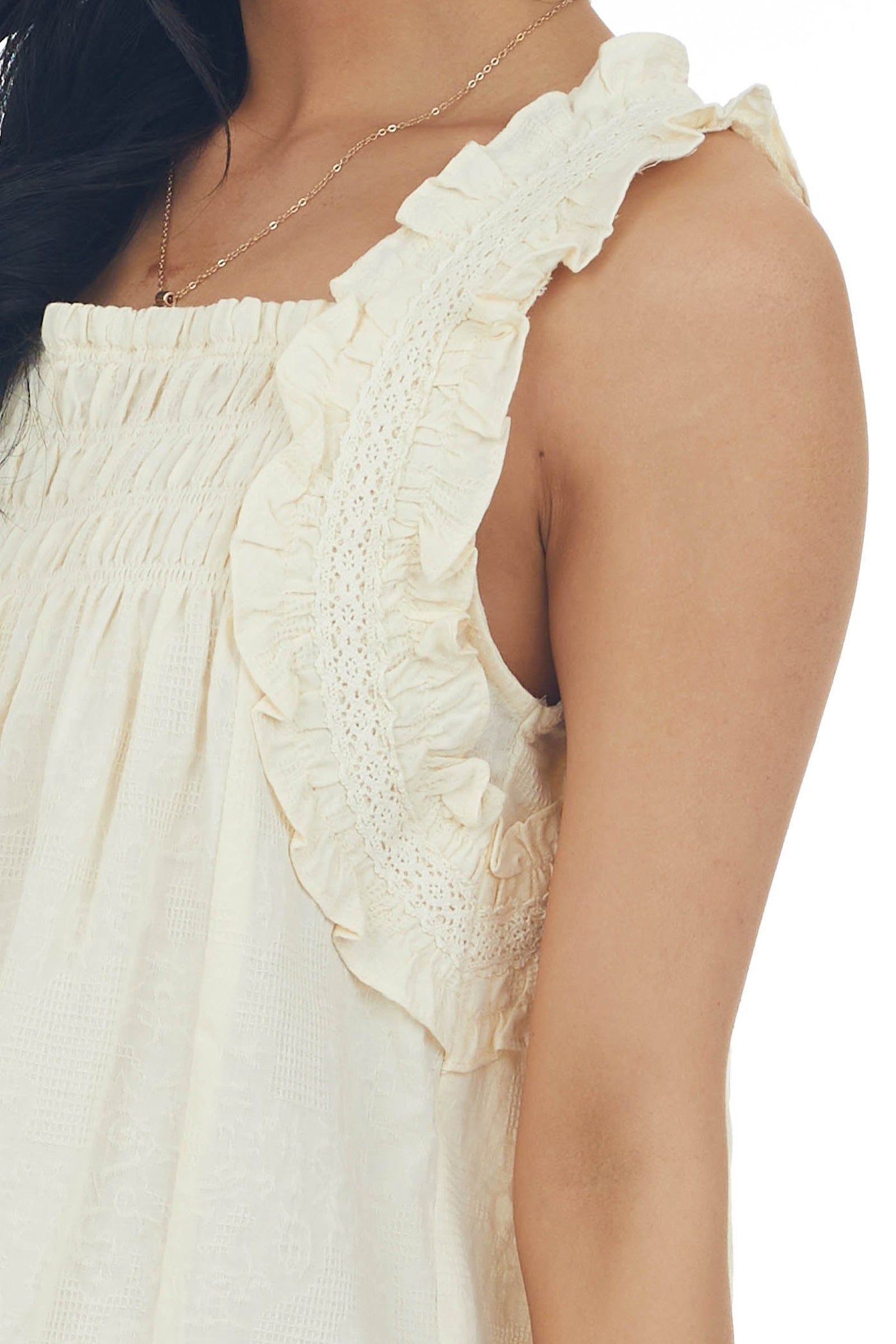 Cream Textured Smocked Yoke Sleeveless Dress