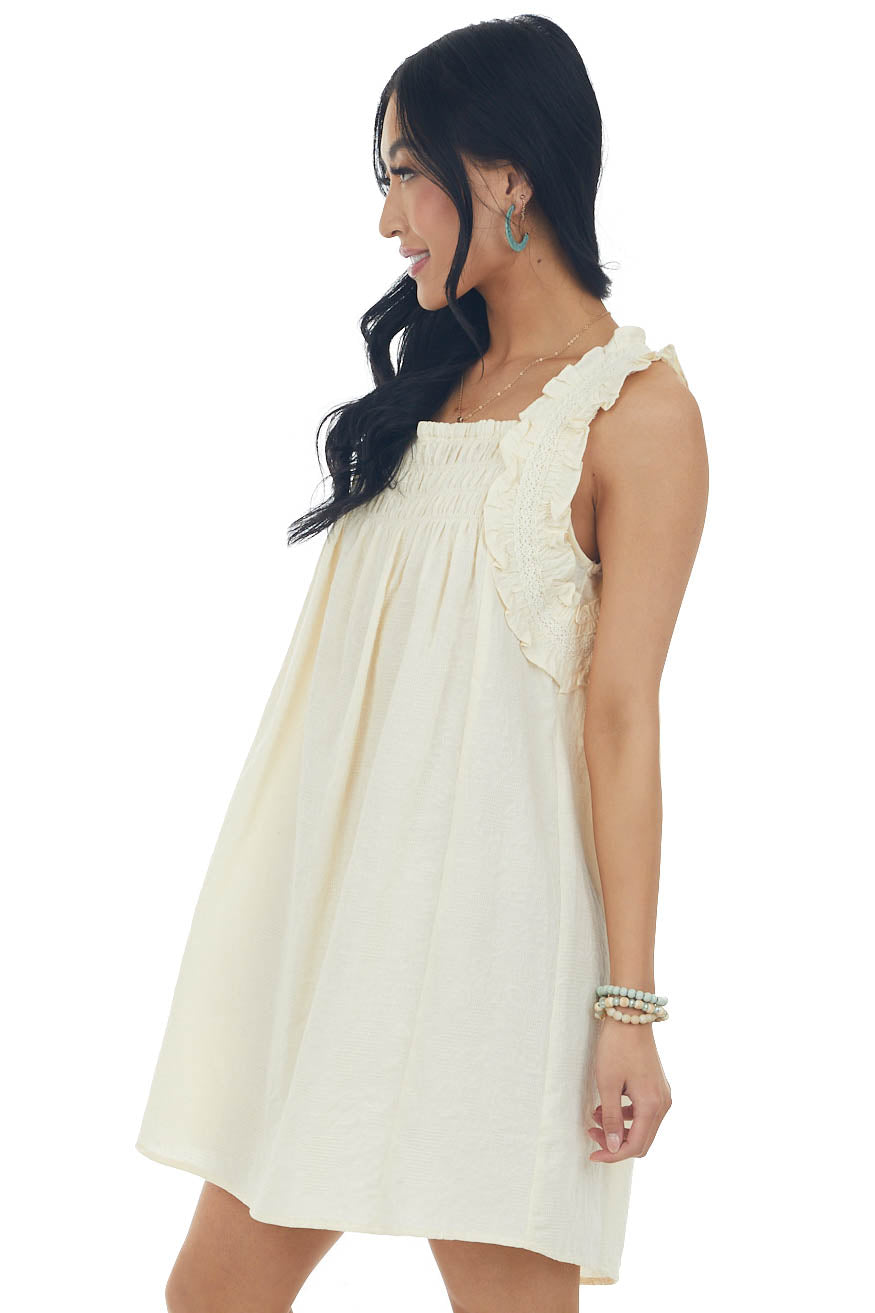 Cream Textured Smocked Yoke Sleeveless Dress