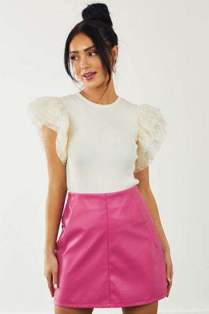 Cream Tulle Lace Sleeve Fitted Ribbed Knit Top