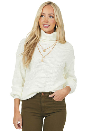 Cream Turtleneck Lightweight Textured Knit Sweater