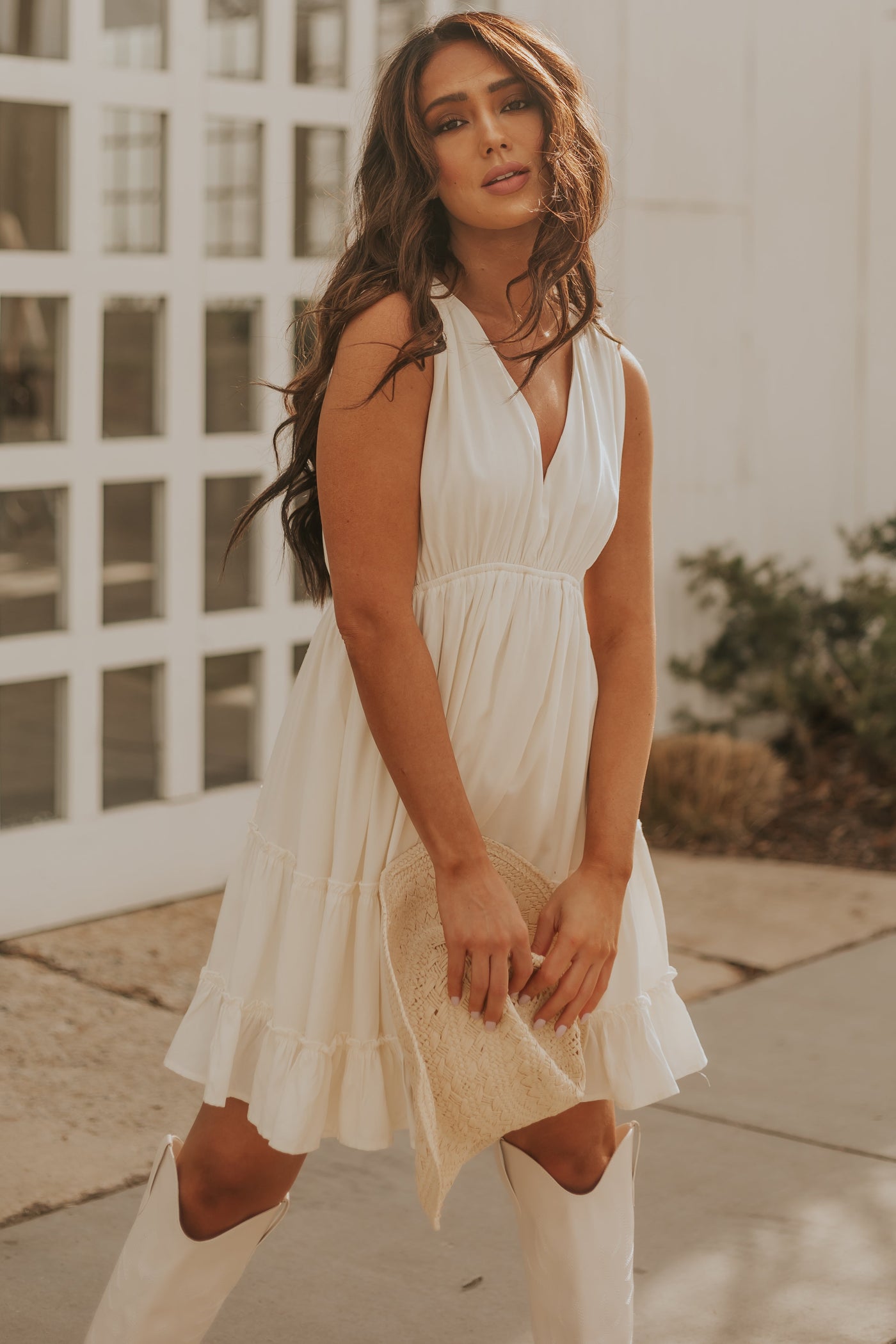 Cream V Neck Side Cut Out Sleeveless Mini Dress