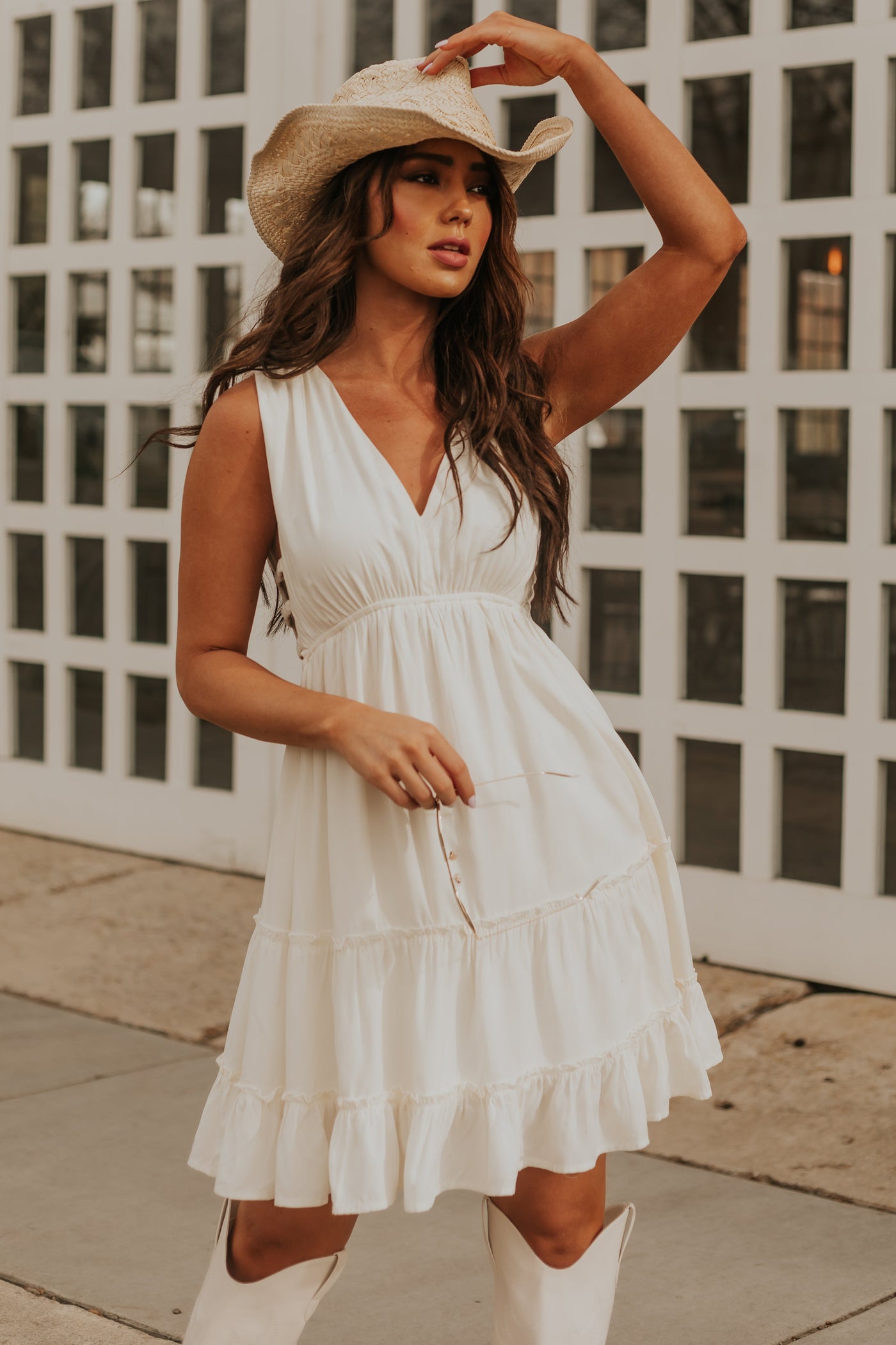 Cream V Neck Side Cut Out Sleeveless Mini Dress
