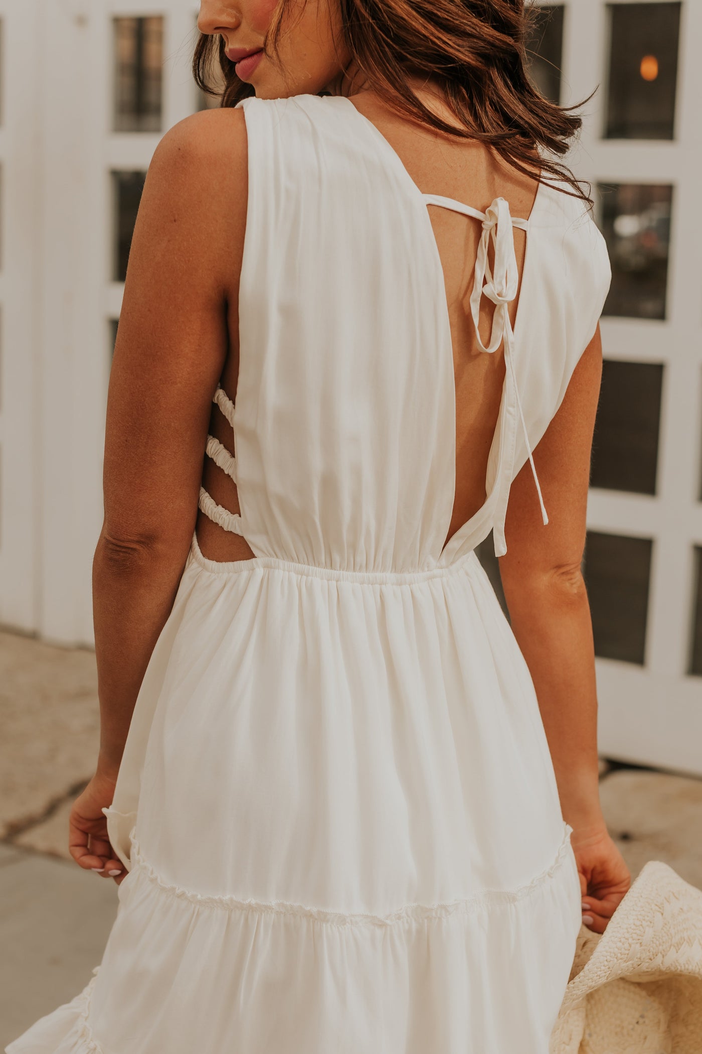 Cream V Neck Side Cut Out Sleeveless Mini Dress