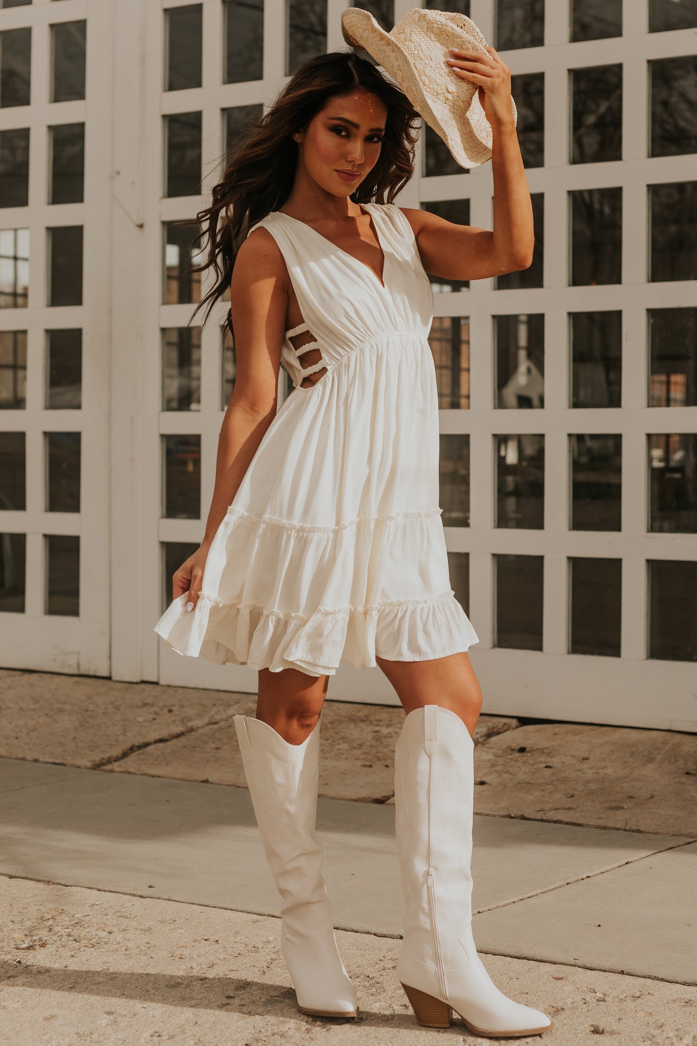 Cream V Neck Side Cut Out Sleeveless Mini Dress