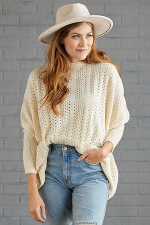 Cream Wide Fit Sweater with Pointelle Details