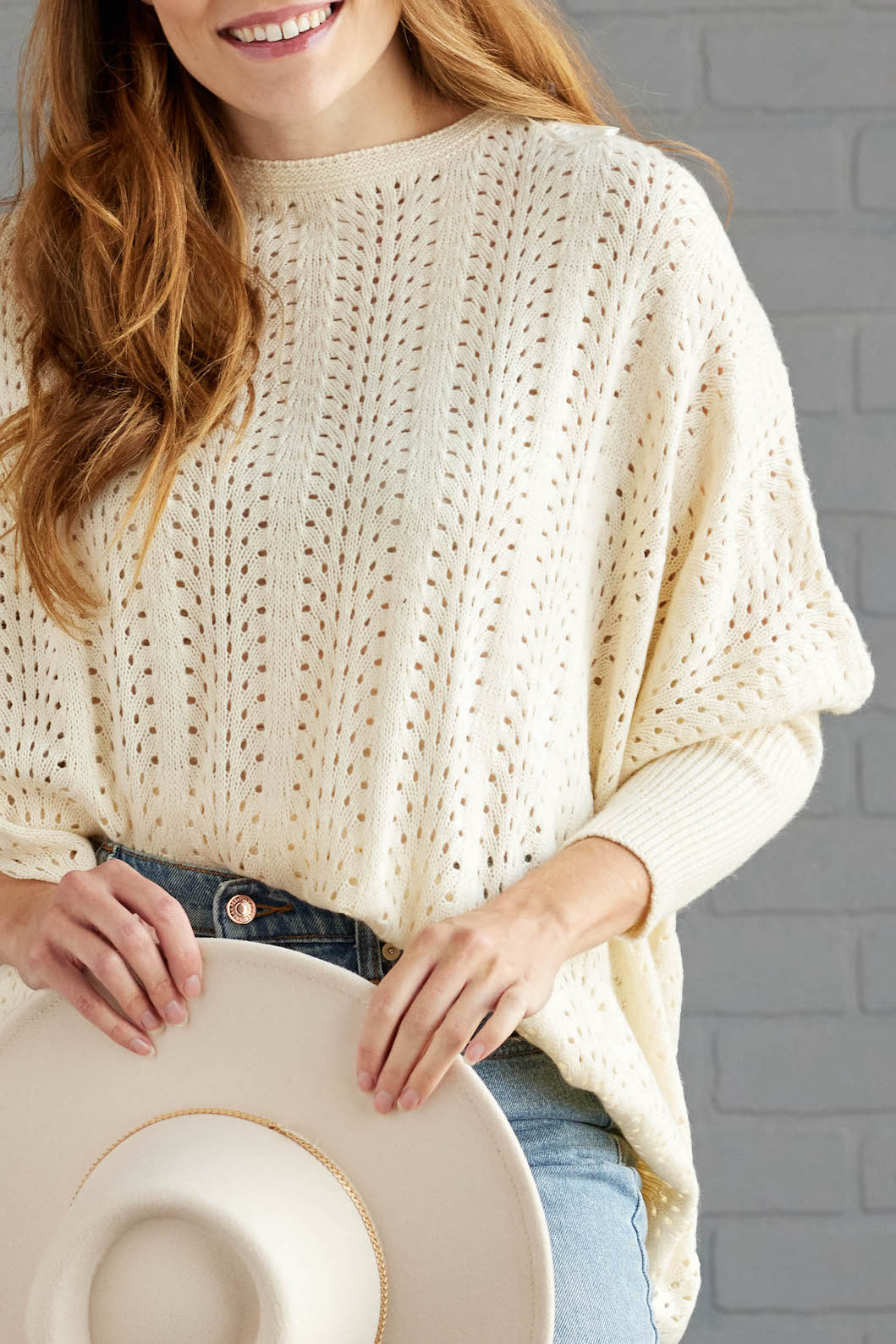 Cream Wide Fit Sweater with Pointelle Details