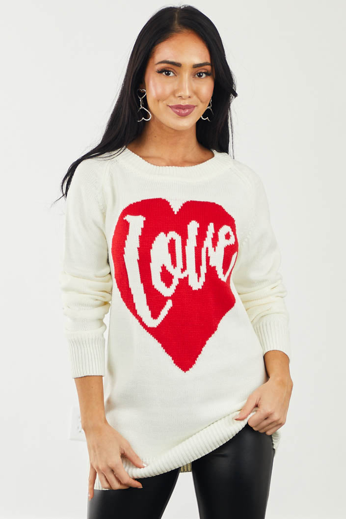 Cream 'Love' Heart Graphic Long Sleeve Sweater