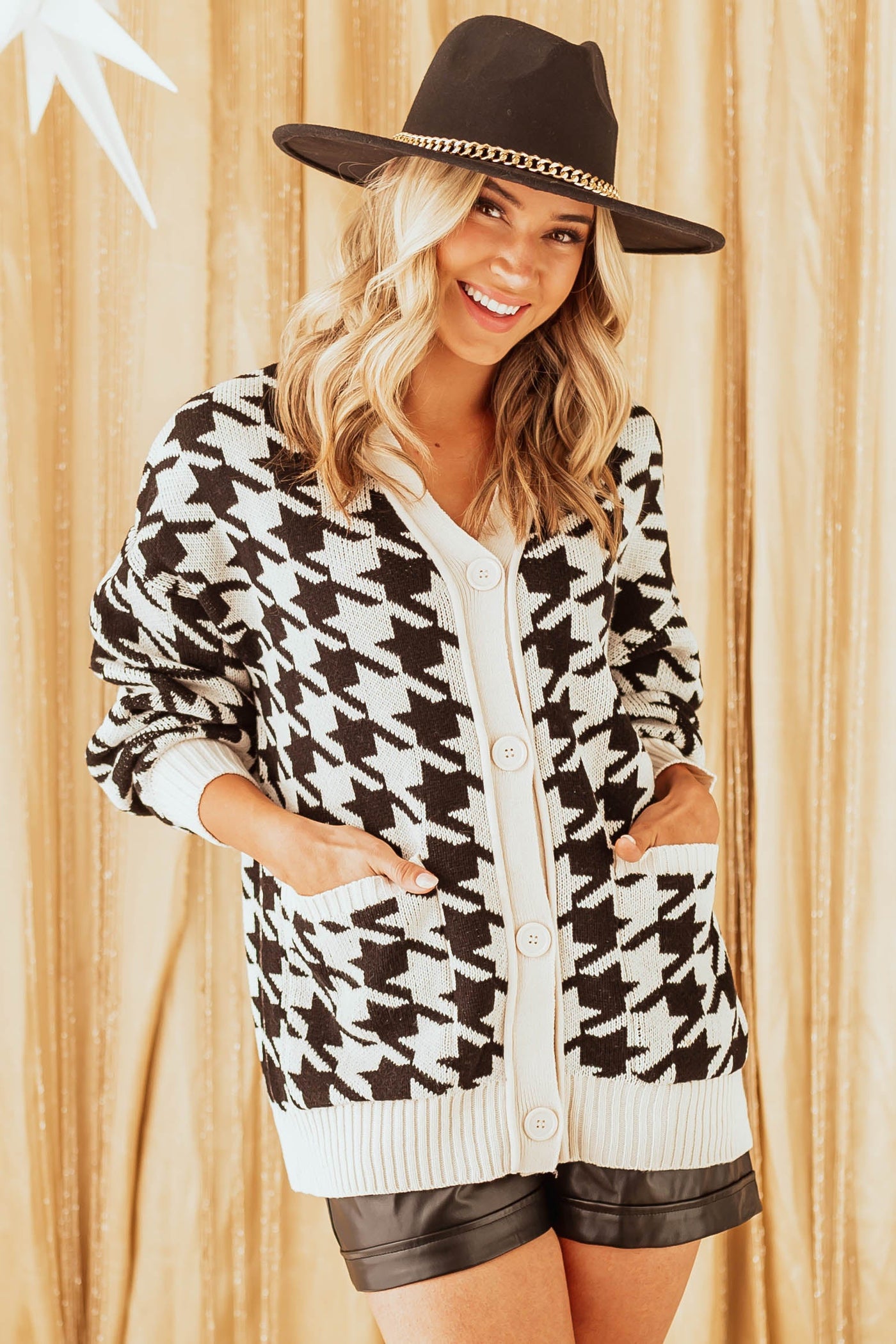 Cream and Black Houndstooth Button Up Cardigan