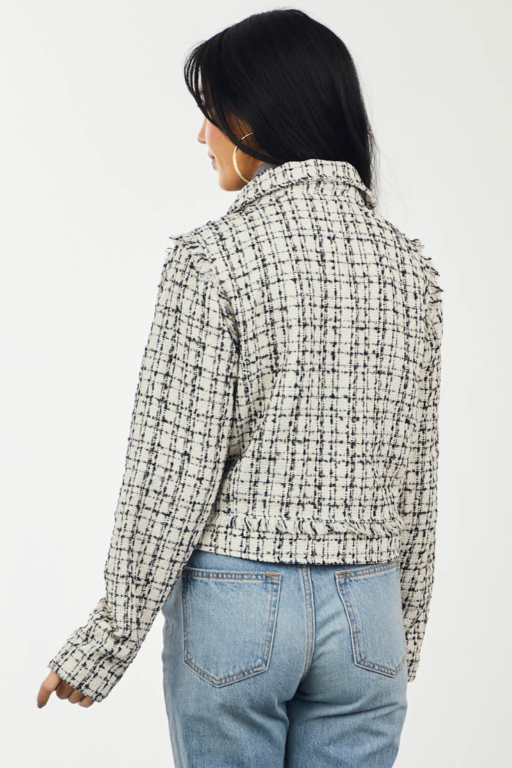 Cream and Black Plaid Tweed Frayed Moto Jacket