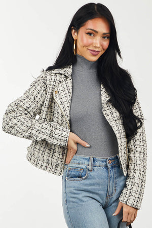 Cream and Black Plaid Tweed Frayed Moto Jacket
