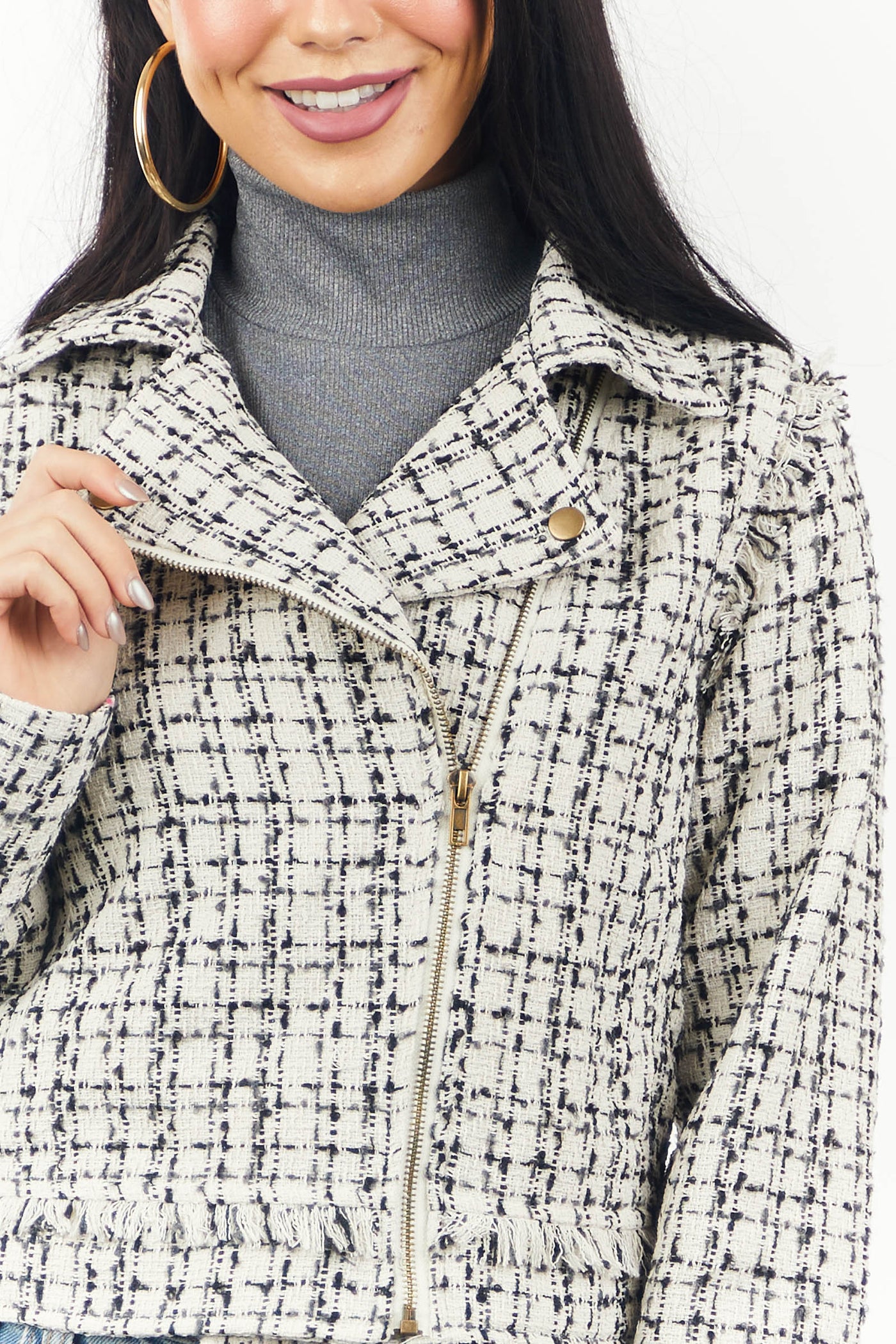 Cream and Black Plaid Tweed Frayed Moto Jacket