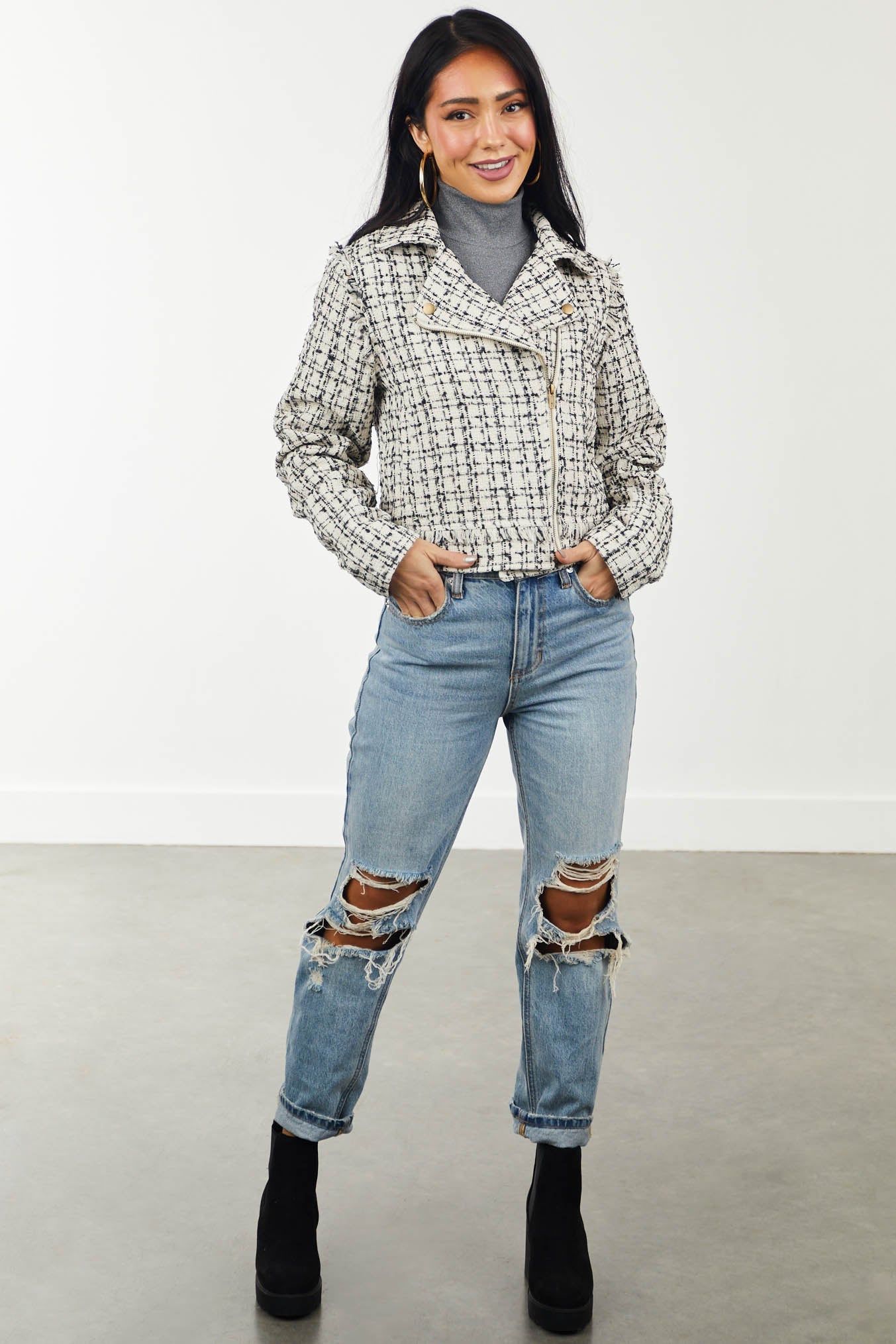 Cream and Black Plaid Tweed Frayed Moto Jacket