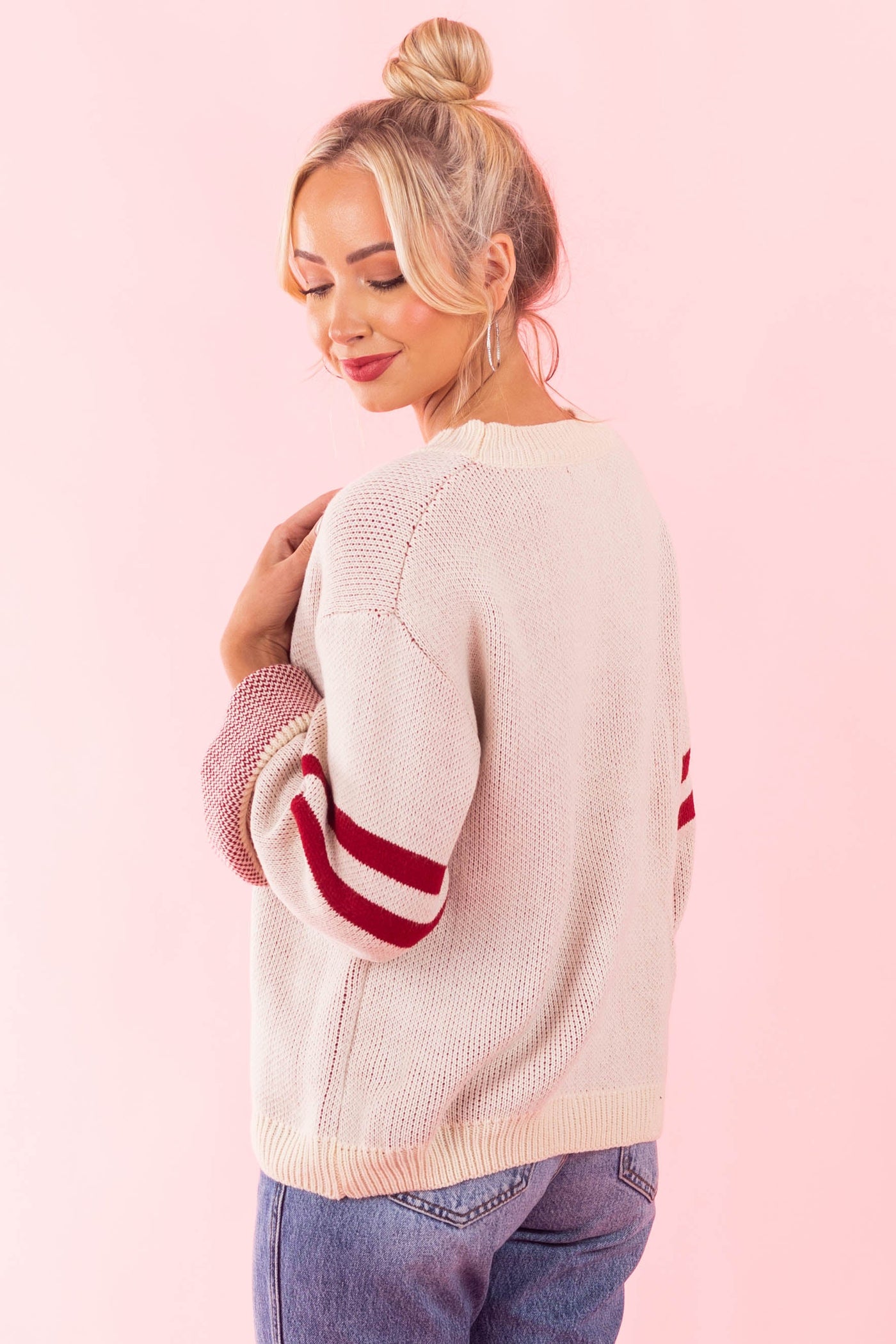 Cream and Cherry Heart Sweater with Stripe Sleeves