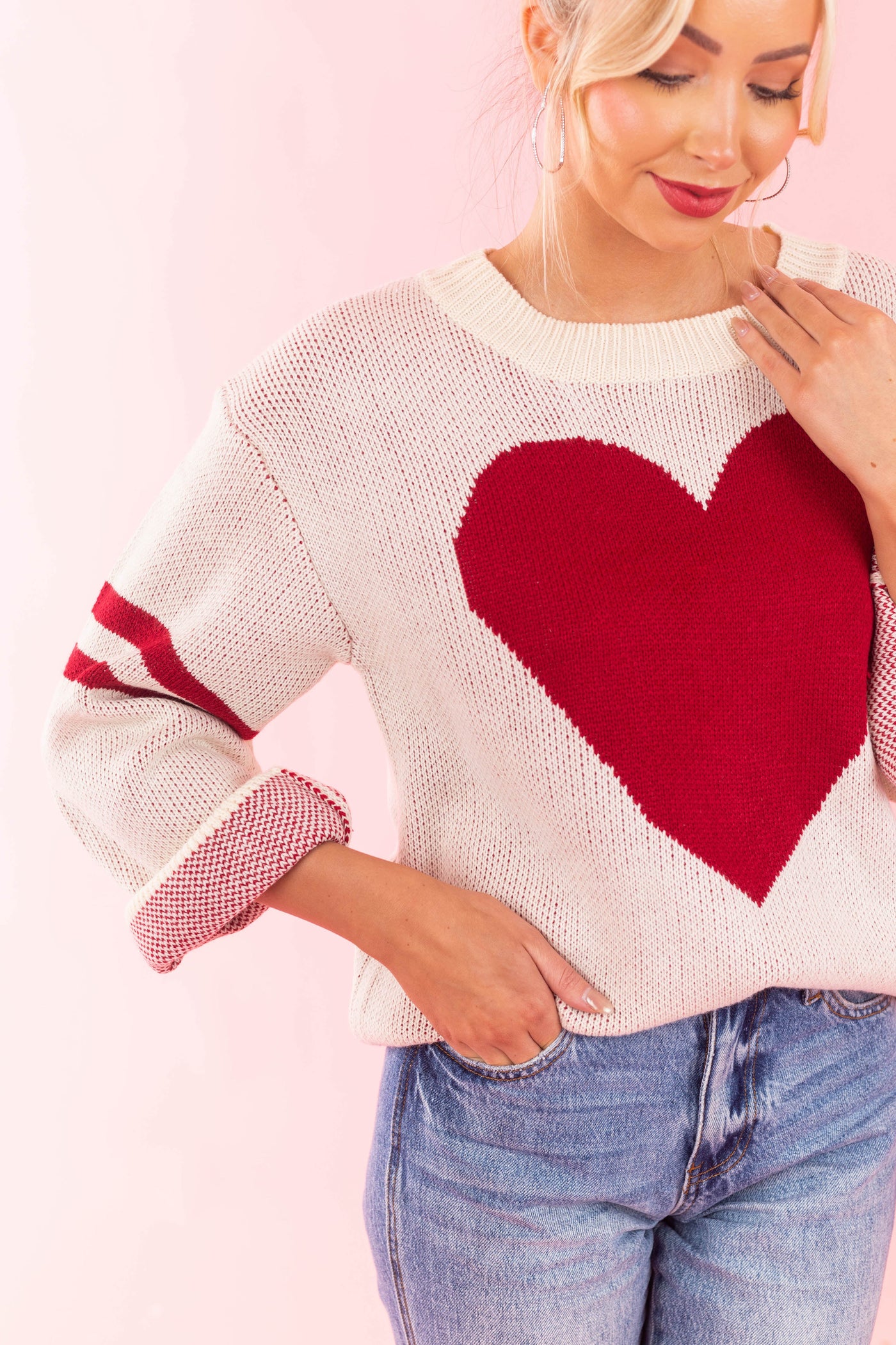Cream and Cherry Heart Sweater with Stripe Sleeves