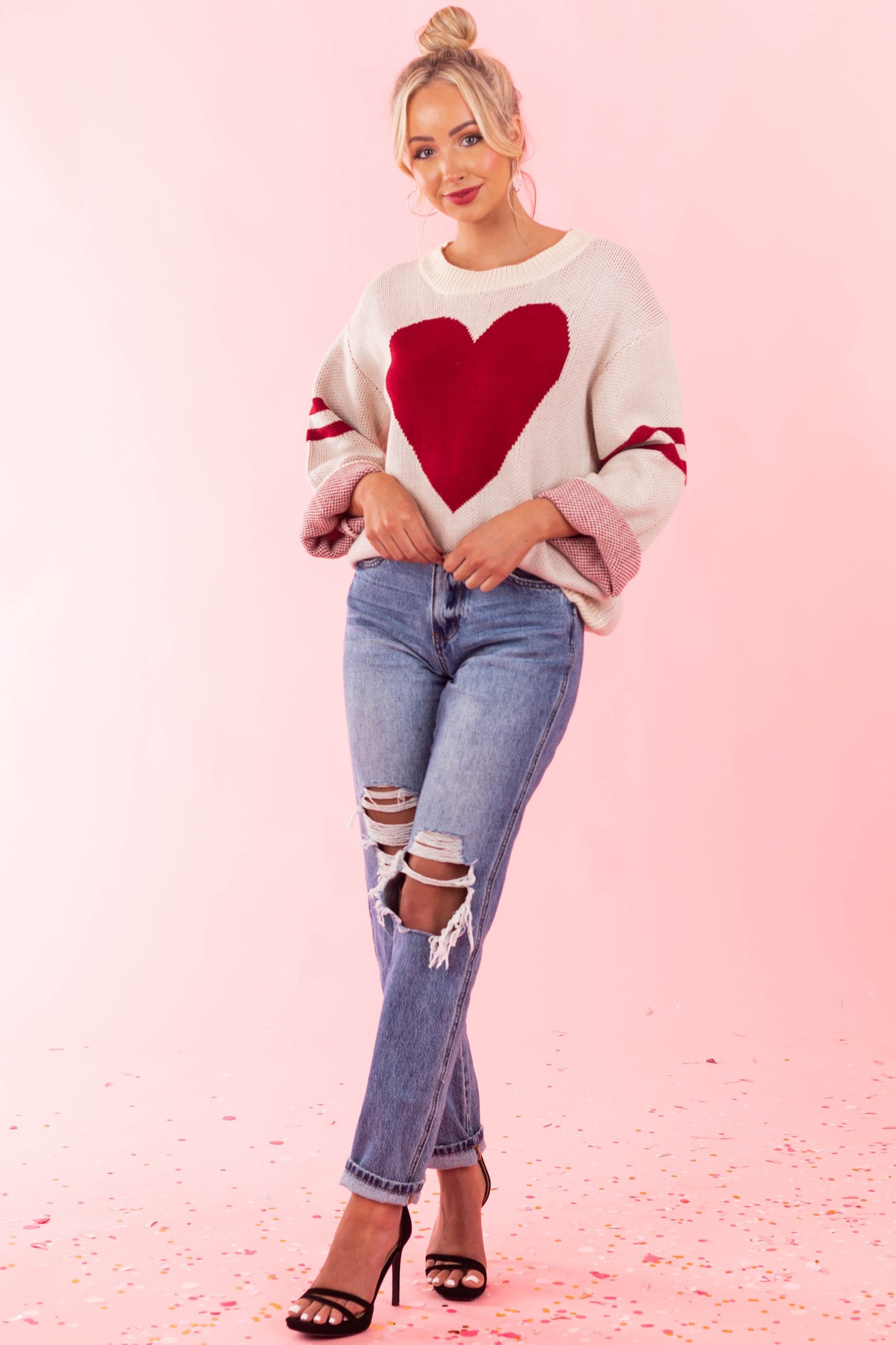 Cream and Cherry Heart Sweater with Stripe Sleeves