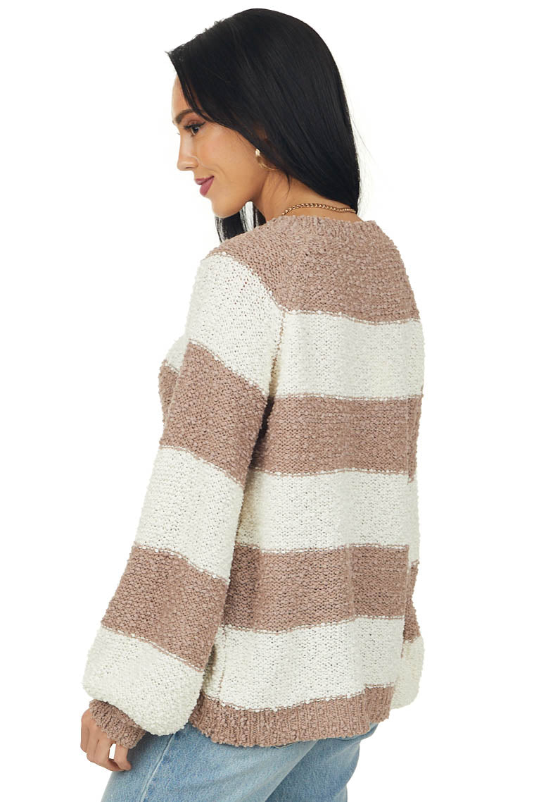 Cream and Cognac Striped Knit Sweater