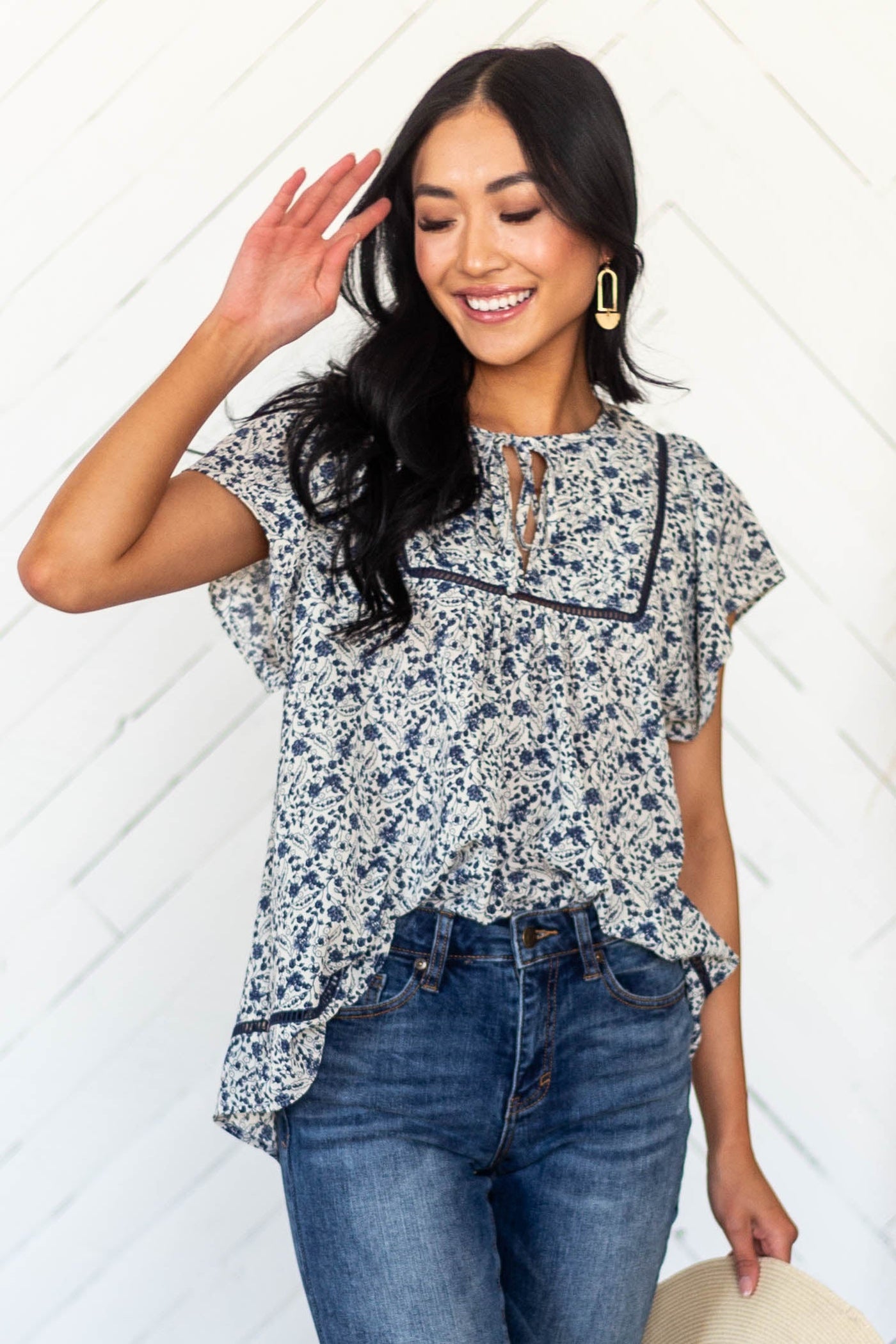Cream and Navy Floral Square Lace Peasant Top