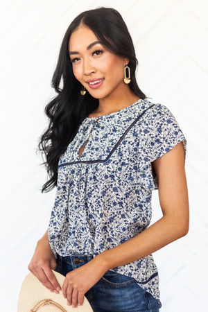 Cream and Navy Floral Square Lace Peasant Top