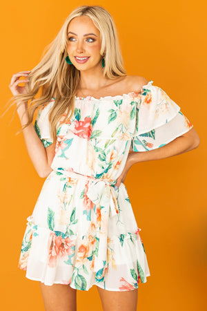 Cream Floral Print Off Shoulder Woven Romper