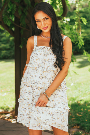 Cream Floral Sleeveless Tiered Ruffle Dress