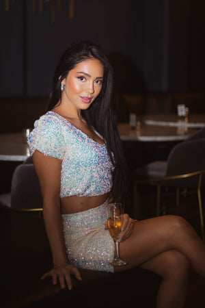 Cream Sequined Short Sleeve Top and Skirt Set