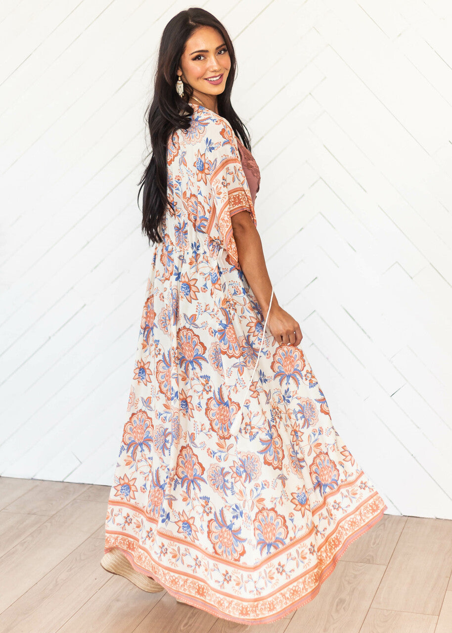 Cream Floral Print Tie Waist Duster Kimono 