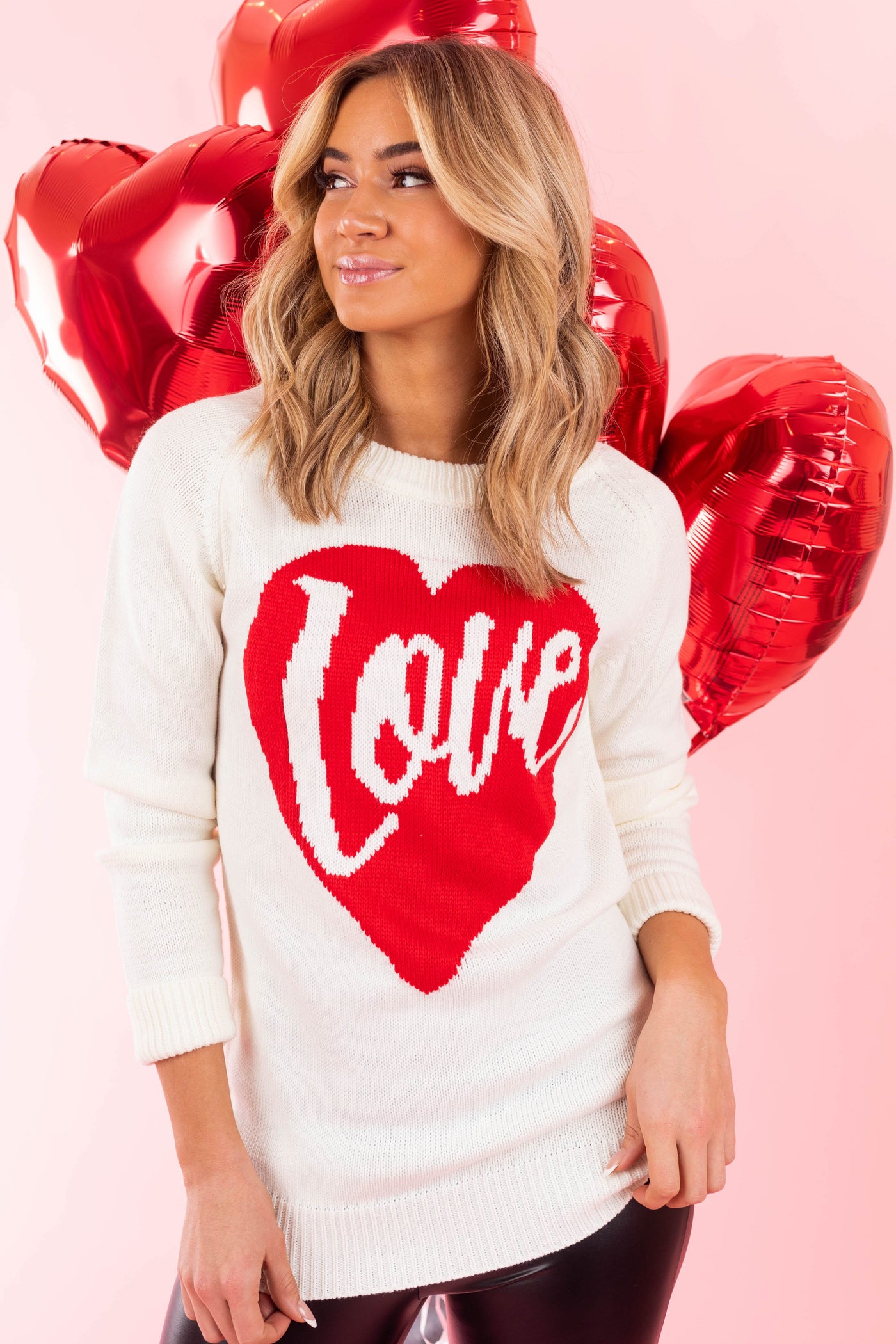 Cream 'Love' Heart Graphic Long Sleeve Sweater