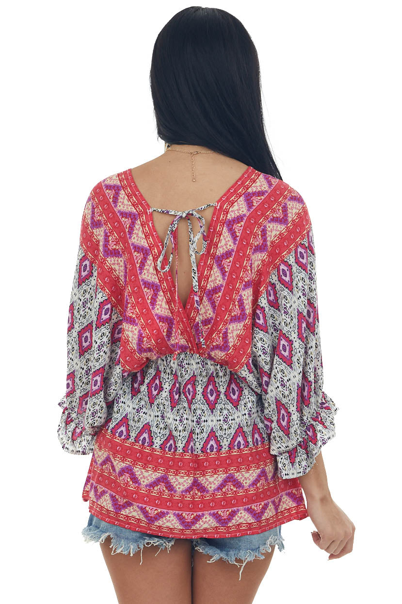 Crimson Abstract Print Babydoll Surplice Top