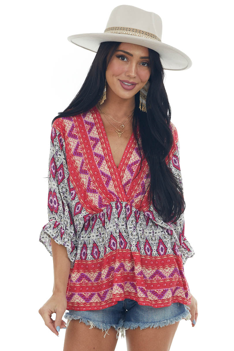 Crimson Abstract Print Babydoll Surplice Top