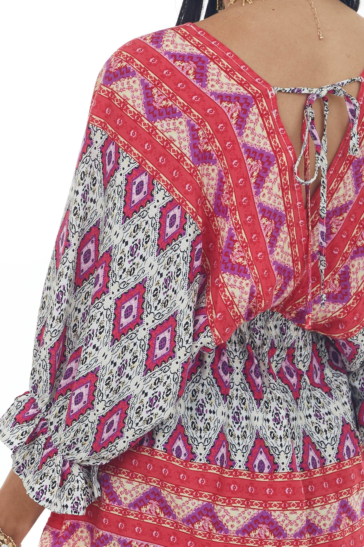 Crimson Abstract Print Babydoll Surplice Top