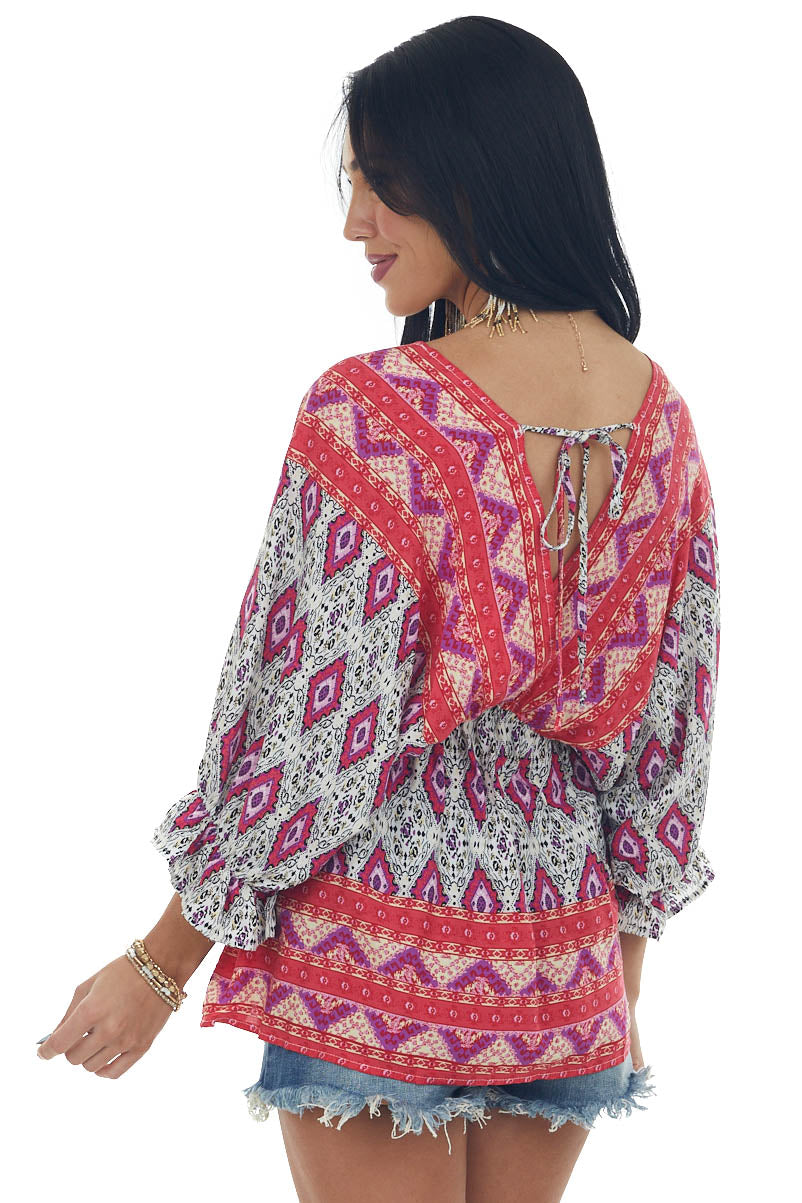 Crimson Abstract Print Babydoll Surplice Top