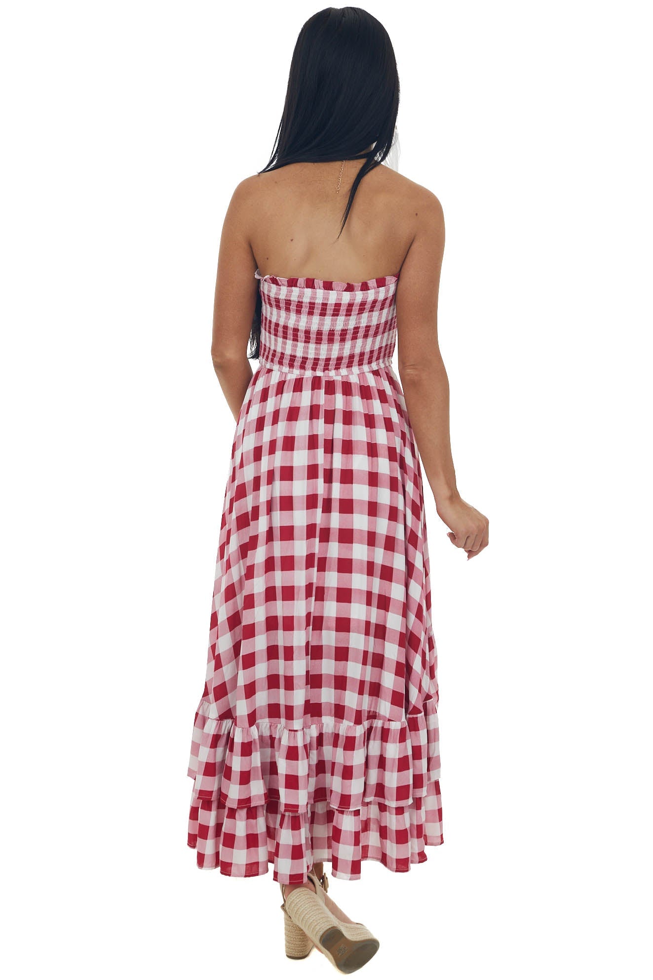 Crimson Gingham Smocked Strapless High Low Dress