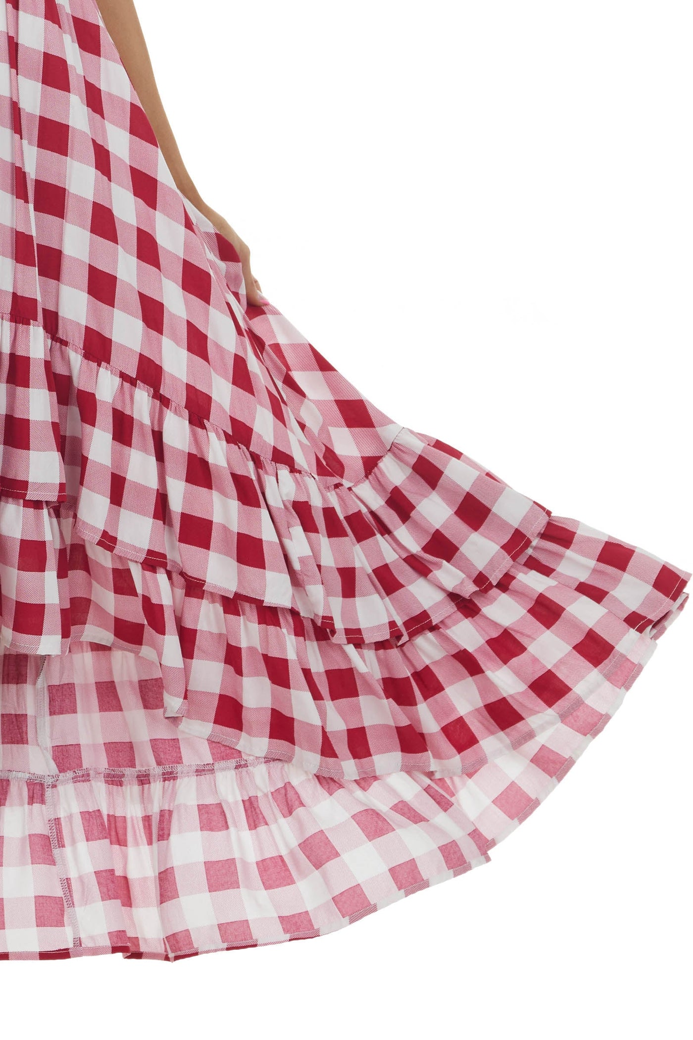 Crimson Gingham Smocked Strapless High Low Dress