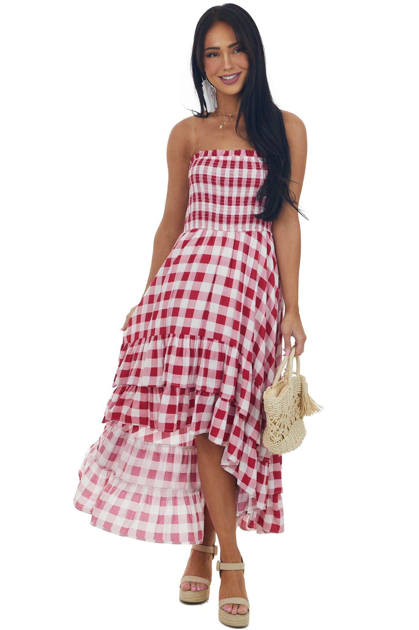 Crimson Gingham Smocked Strapless High Low Dress