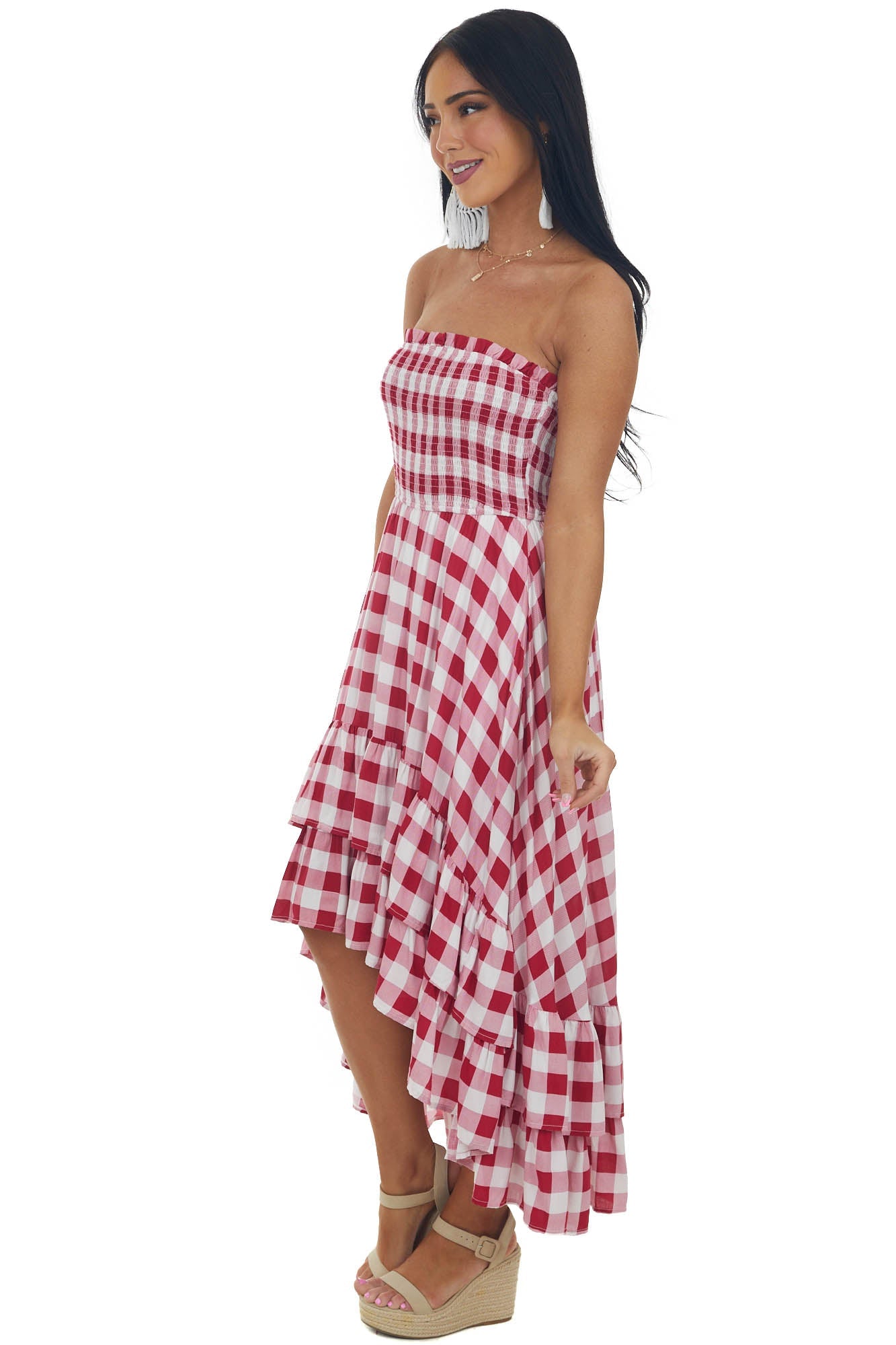 Crimson Gingham Smocked Strapless High Low Dress